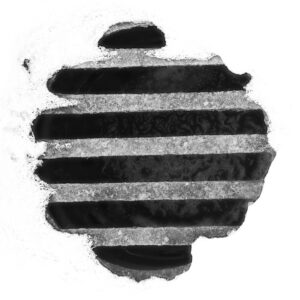 Circular ripped paper texture exposing seven horizontal black stripes with rough white edges, abstract background element