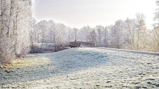 Frosty winter landscape with a wooden footbridge over a stream and a person in red jacket among hoarfrost trees