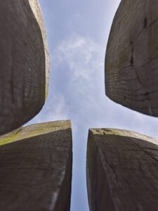 Looking up through a narrow vertical gap between weathered wooden posts at blue sky and soft clouds in Rhododendron Park