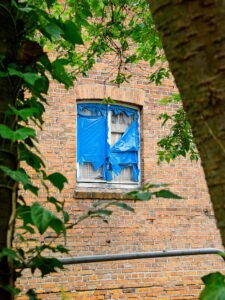 Window of old red brick building with torn blue tarp covering panes, framed by green tree leaves and branches